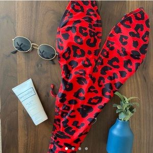Red Cheetah Print V-cut One Piece Swimsuit